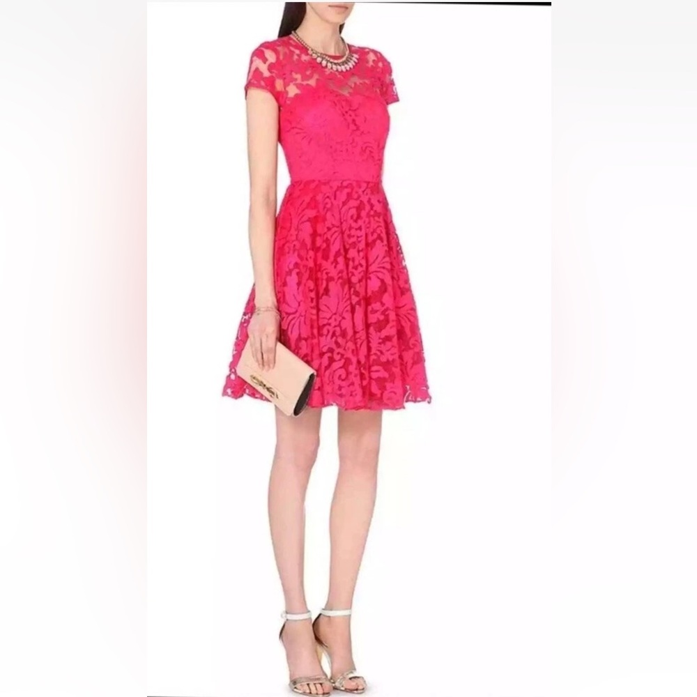 TED BAKER Caree sheer floral lace fit and flare dress size 1 red